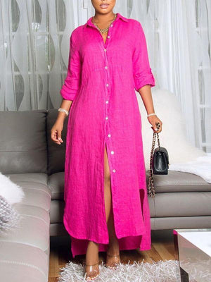 Goosudu Button-Down Side-Slit Shirt Dress