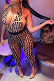 Goosudu Fashion Geometric Print Lace-Up Halter Backless High Waist Jumpsuit