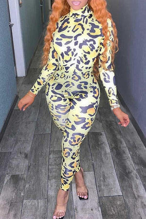 Goosudu Sexy Leopard Print High Neck Stretch Slim Fit Jumpsuit