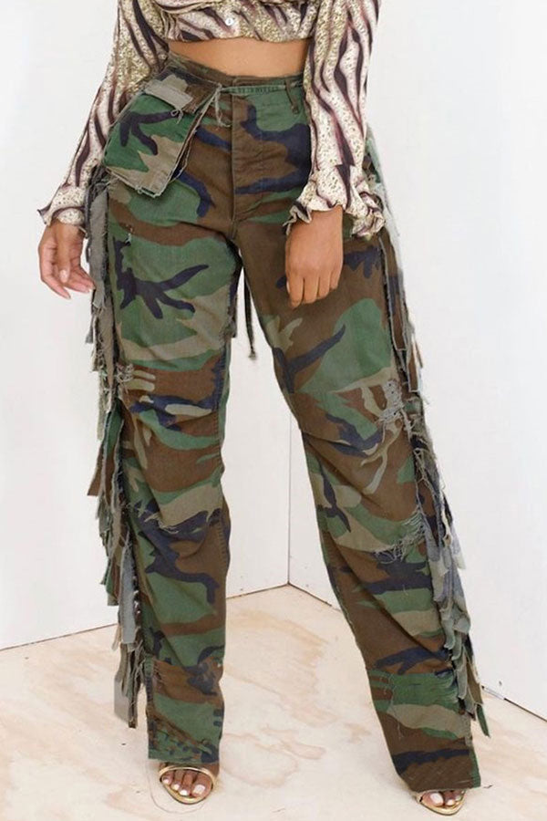 Goosudu Camouflage Punk Pocket Side Tassel Pants