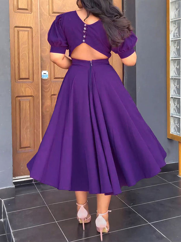 Goosudu Solid Puff-Sleeve Dress