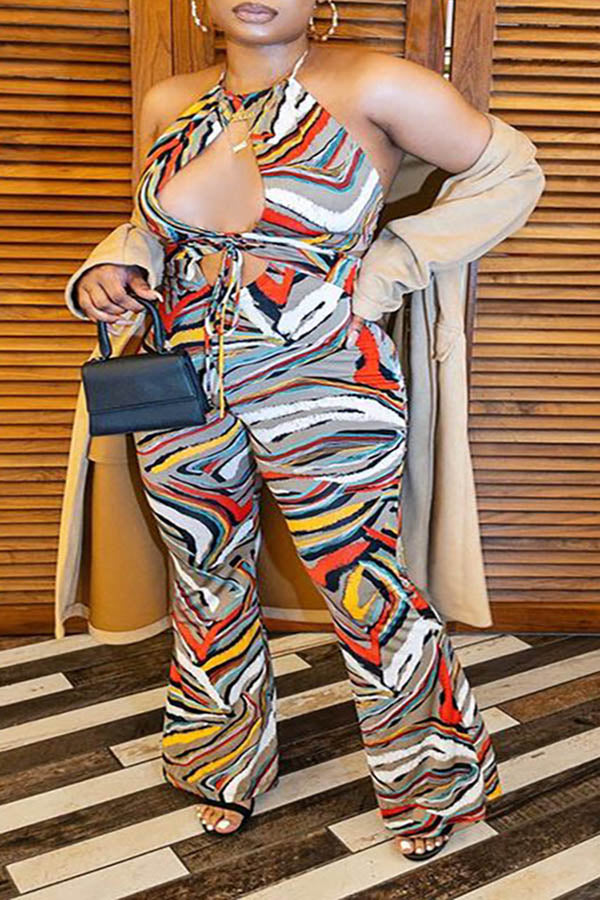Goosudu Backless Halter Cutout Printed Jumpsuit