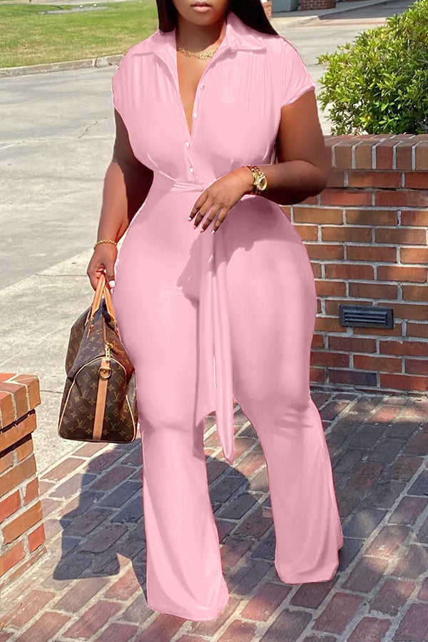 Goosudu Fashion Shirt Collar Breasted Wide Leg Jumpsuit Belted