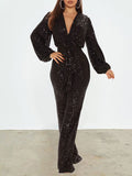 Goosudu Sequin V-Neck Tied Jumpsuit