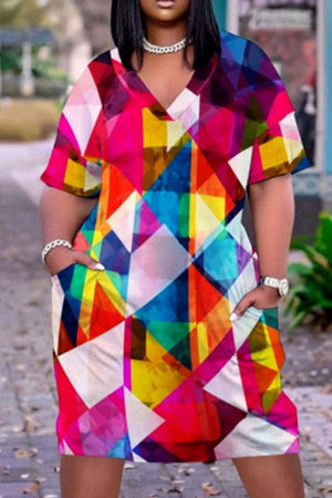 Goosudu Casual Print Patchwork V Neck Straight Dresses