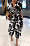 Goosudu Casual Print Patchwork Buckle Turndown Collar Loose Jumpsuits