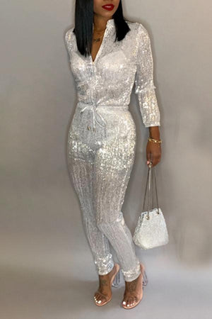Goosudu Solid Sequin Zip Collar Drawstring Plus Size Jumpsuit