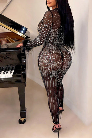 Goosudu See-Through Diamond Mesh Feather Jumpsuit