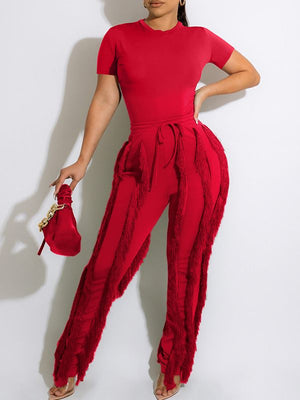 Goosudu Solid Tee & Fringe Pants Set