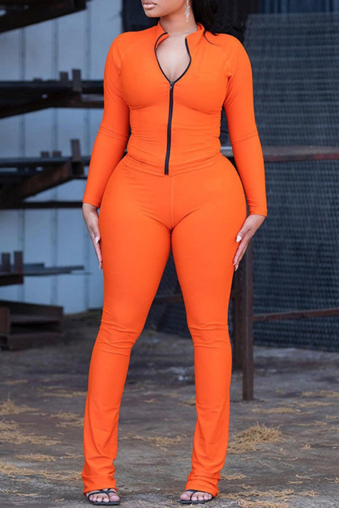 Goosudu Casual Solid Basic Zipper Collar Long Sleeve Two Pieces