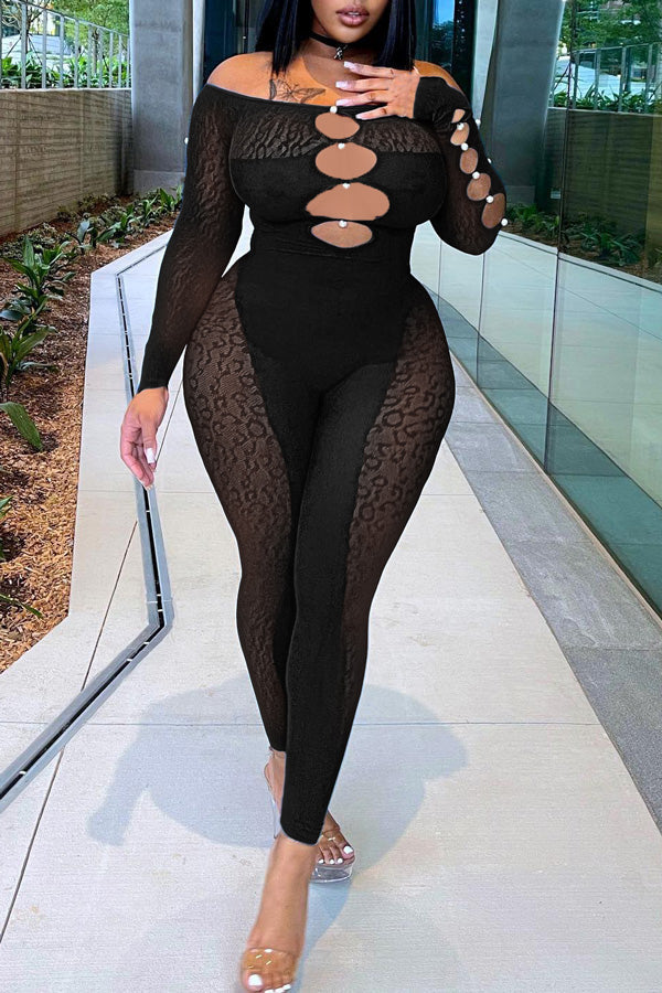 Goosudu Sexy Off Shoulder Sheer Leopard Print Pearl Buckle Chest Cutout Jumpsuits