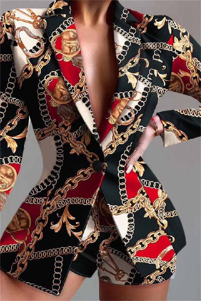 Goosudu Casual Print Patchwork Turn-back Collar Two Pieces