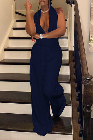 Goosudu Solid Color Halter Wide Leg Jumpsuit