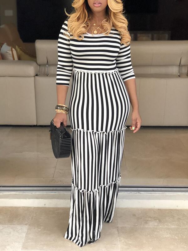 Goosudu Stripe Ruffle Maxi Dress