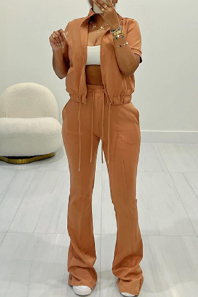 Goosudu Casual Solid Patchwork Zipper Collar Short Sleeve Two Pieces