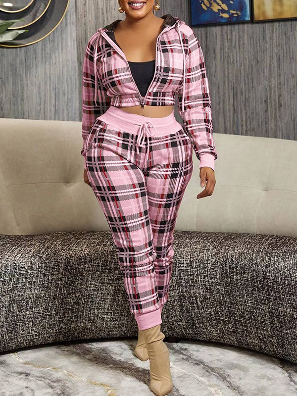 Goosudu Plaid Zip-Front Hoodie & Pants Set