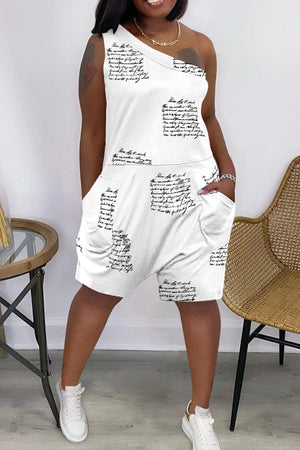 Goosudu Casual One Shoulder Letter Print Sleeveless Pocket Rompers