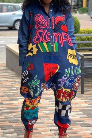 Goosudu Pretty Geometric Print Denim Jumpsuit