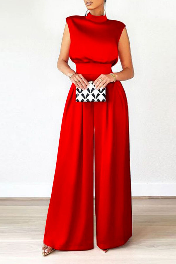 Goosudu Fashion Wide Leg Pants Solid Color Turtleneck Sleeveless Waist Jumpsuit