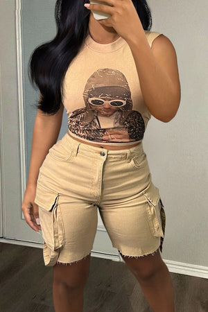 Goosudu Casual Print Patchwork O Neck Sleeveless Two Pieces