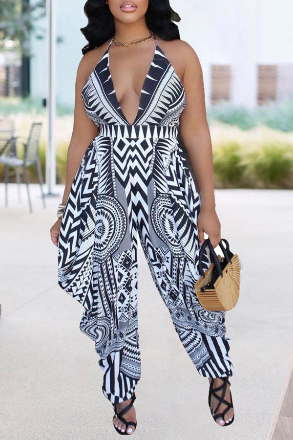 Goosudu Fashionable Sexy Low Cut V-Neck Sling Positioning Print Jumpsuit