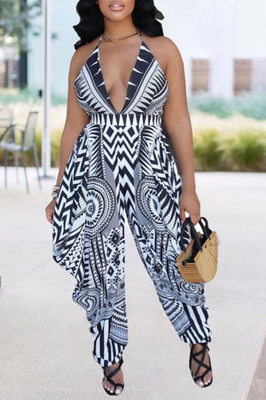 Goosudu Fashionable Sexy Low Cut V-Neck Sling Positioning Print Jumpsuit
