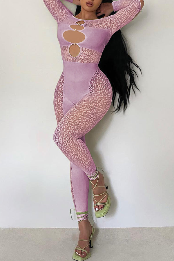 Goosudu Sexy Off Shoulder Sheer Leopard Print Pearl Buckle Chest Cutout Jumpsuits