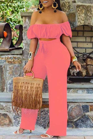 Goosudu Solid Color Short-sleeved Off-the-shoulder Jumpsuit
