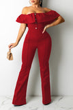 Goosudu Casual Ruffled Off-the-Shoulder Slim Fit High-Rise Jumpsuit