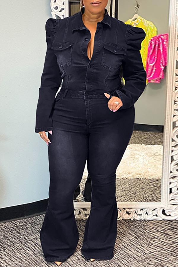 Goosudu Fashion Plus Size Wide Shoulder Denim Flared Jumpsuit