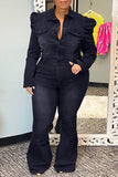 Goosudu Fashion Plus Size Wide Shoulder Denim Flared Jumpsuit