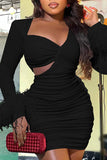 Goosudu Sexy Long Sleeve Feather Decoration Cutout Slim Fit Solid Color Mini Dress