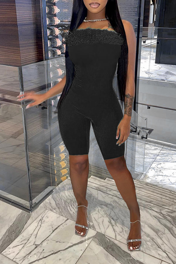 Goosudu Sexy Furry Trim Strapless Bodycon Romper