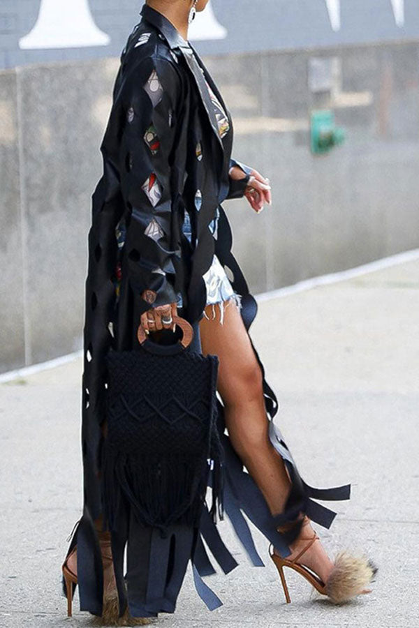 Goosudu Solid Color Unique Hollow-Out Tassel PU Trench Coat