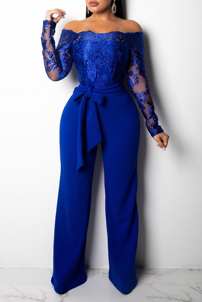 Goosudu Sexy Solid Lace Off the Shoulder Boot Cut Jumpsuits