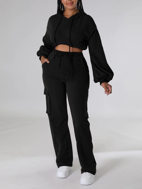 Goosudu Solid Cropped Hoodie & Pants Set