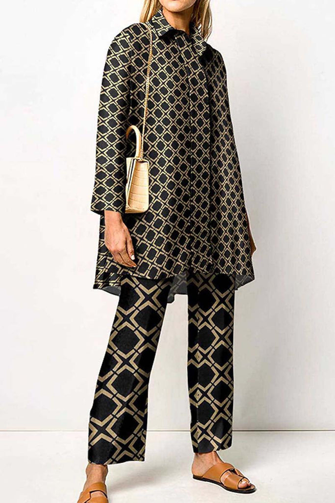 Goosudu Casual Print Patchwork Shirt Collar Long Sleeve Two Pieces