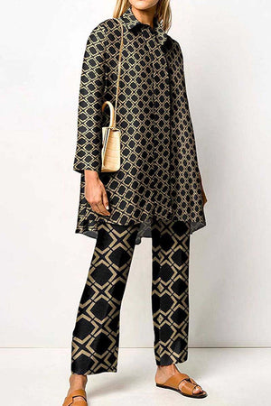 Goosudu Casual Print Patchwork Shirt Collar Long Sleeve Two Pieces