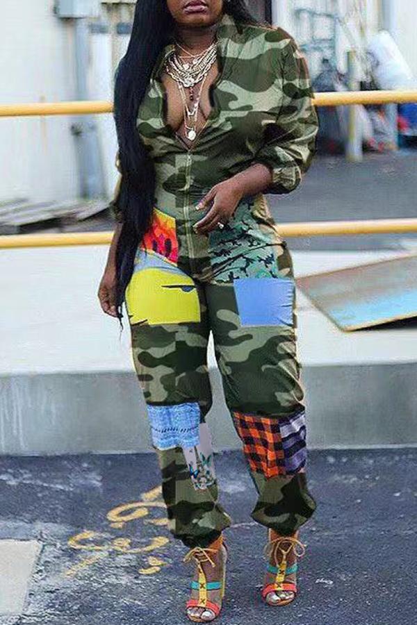 Goosudu Fashion Patchwork Zipper Plus Size Jumpsuit