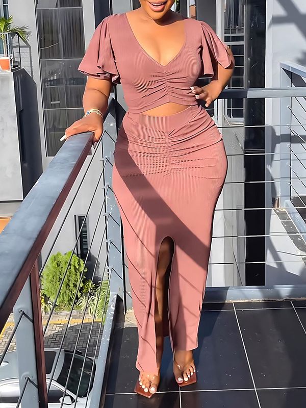 Goosudu Solid Ruched Tee & Slit Skirt Set