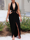 Goosudu Solid Halter Slit Dress