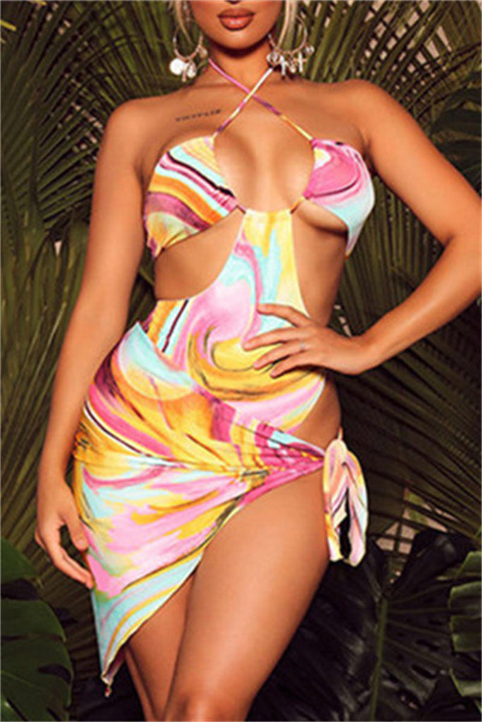 Goosudu Fashion Sexy Patchwork Print Bandage Backless Swimwears Set