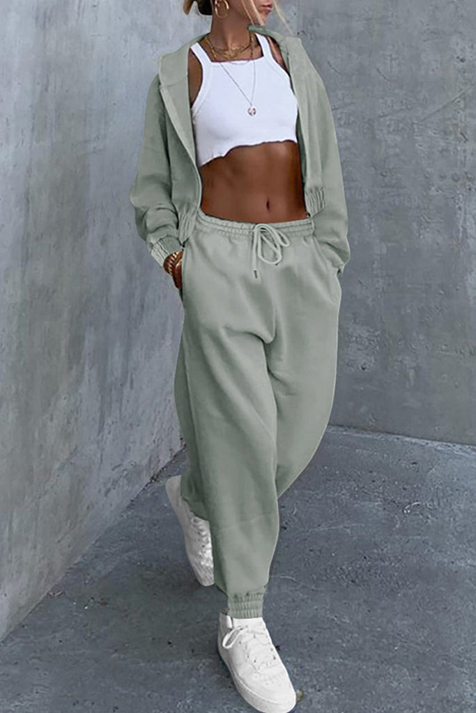 Goosudu Fashion Casual Solid Cardigan Pants Hooded Collar Long Sleeve Two Pieces