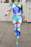 Goosudu Trendy Color-Block Print Long Sleeve Slim-Fit Stretch Hooded Jumpsuit