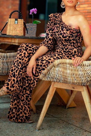 Goosudu Sexy Leopard Print Asymmetrical One-shoulder Jumpsuit