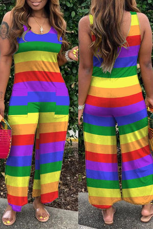 Goosudu Rainbow Striped Printed Loose Sleeveless Jumpsuit