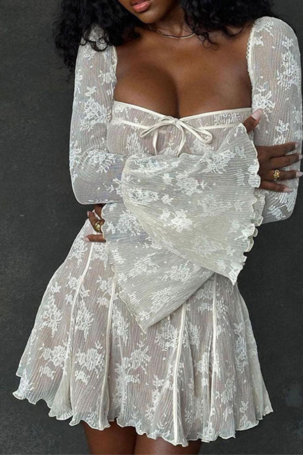 Goosudu Patchwork Lace Girly Trumpet Sleeve Mini Dress