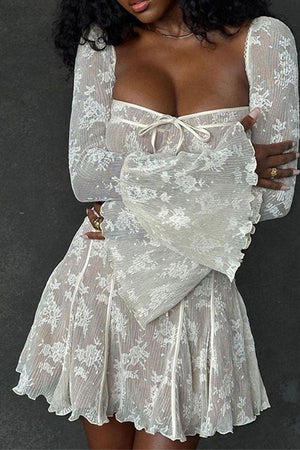 Goosudu Patchwork Lace Girly Trumpet Sleeve Mini Dress