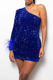 Goosudu Sexy Skinny Sequin Off Shoulder Feather Sleeve Dress