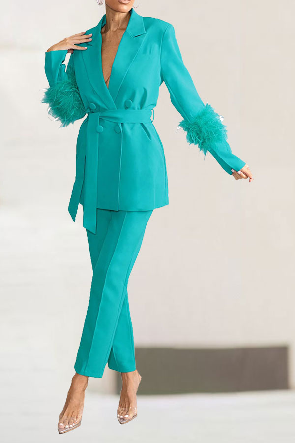 Goosudu Solid Color Feather Trim Elegant Belted Pant Suit